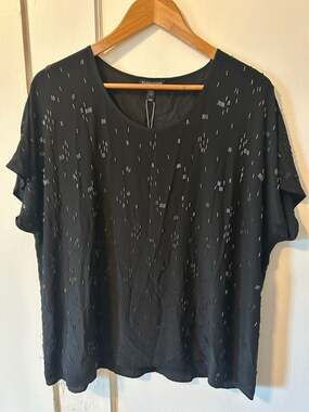 Eileen Fisher Falling Star Hand-Beaded Silk Top Black Size M